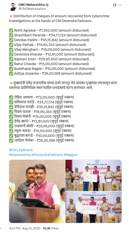 devendra fadnavis distributed cheques of amount recovered from cybercrime